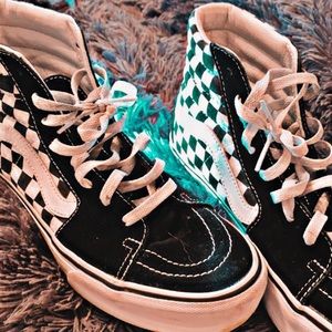 Vans checkered high tops, white and black, used, in good condition!